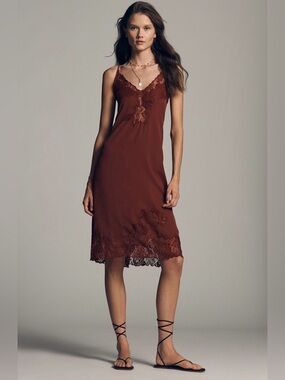 Anthropologie LyreBird Silky Lace Midi Slip Dress NWT Large Madder Brown